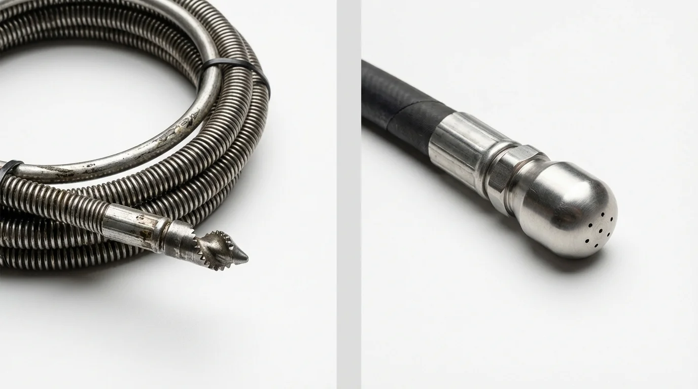 Drain snake cable and hydro jetting nozzle used for drain cleaning in Martinsville, NJ