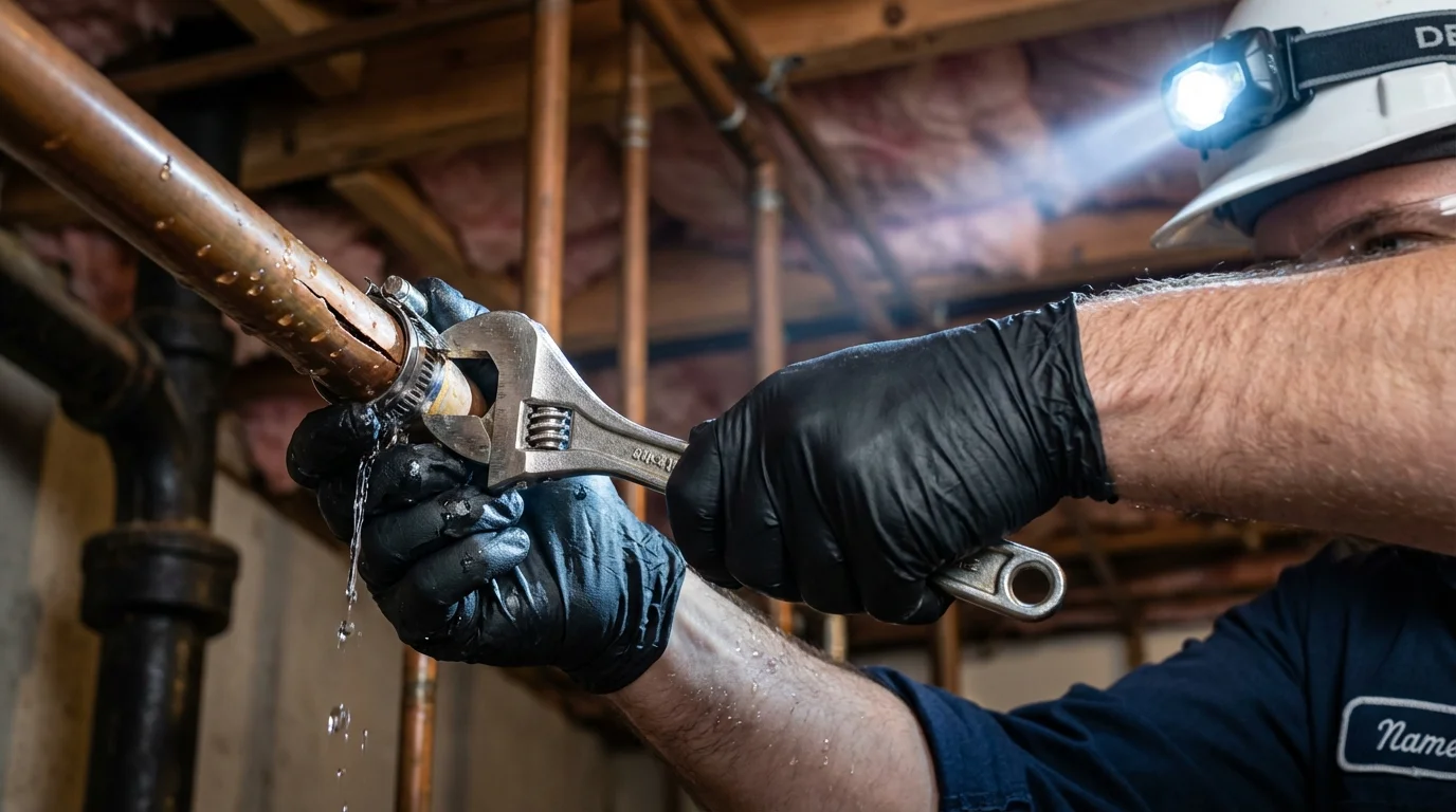 Emergency pipe clamp repair being performed by a Johns Plumbing LLC plumber in Martinsville