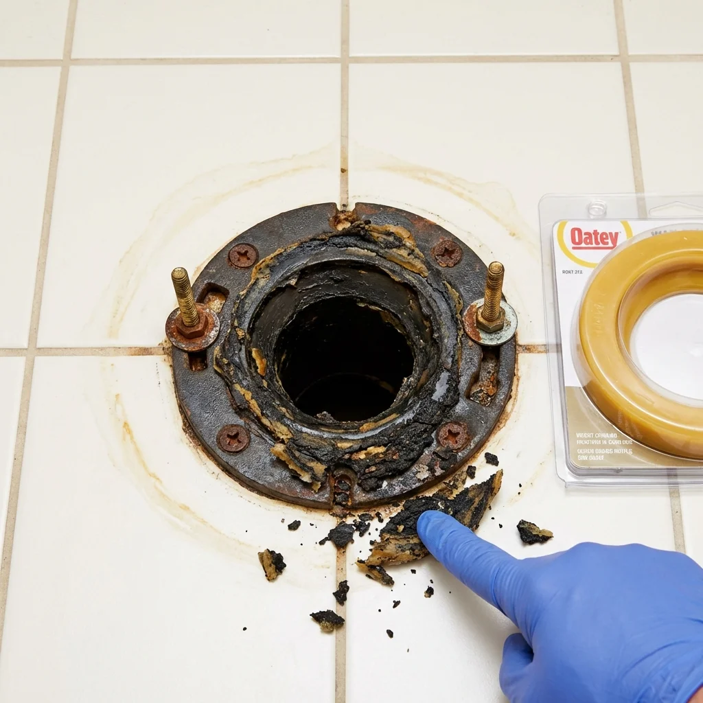 Failed wax ring showing water seepage at the base of a toilet in a Martinsville, NJ home