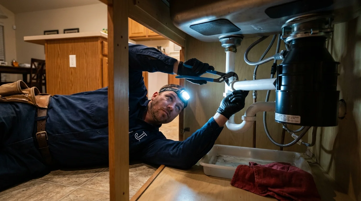 P-trap and supply line connections under a kitchen sink showing a common leak point in Martinsville, NJ